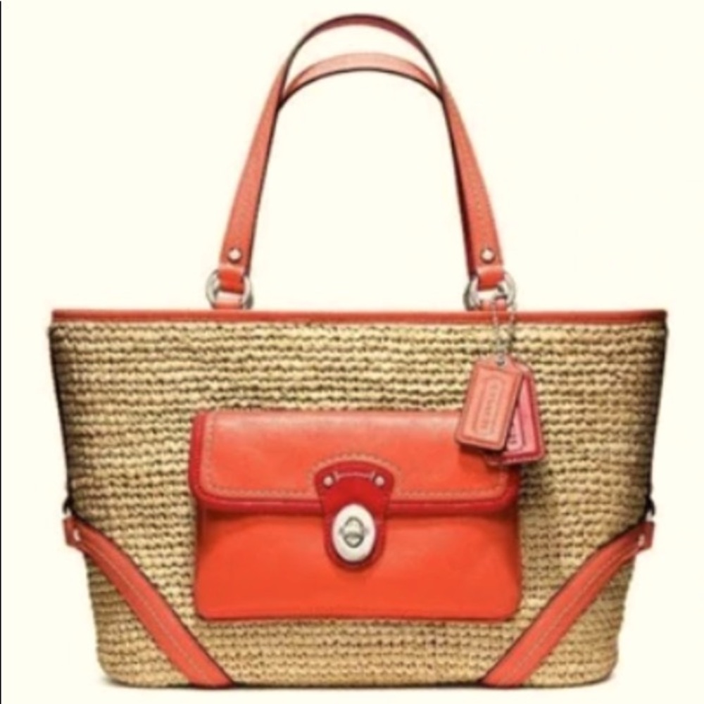 COACH 22904 Woven Straw Pocket Tote with orange/red leather accents